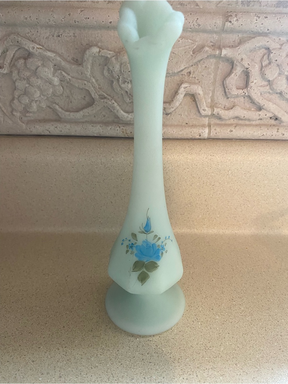 Fenton Hand Signed Mint Green Bud Vase with Blue Floral Design